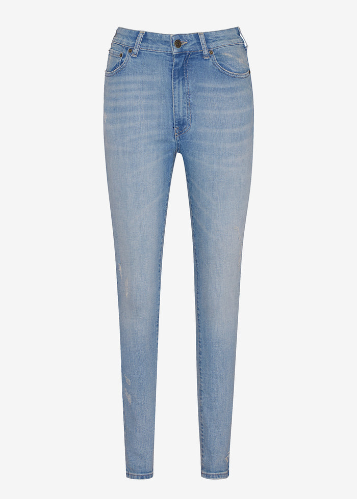 Maya High Rise Skinny Jeans in light blue denim with subtle fading