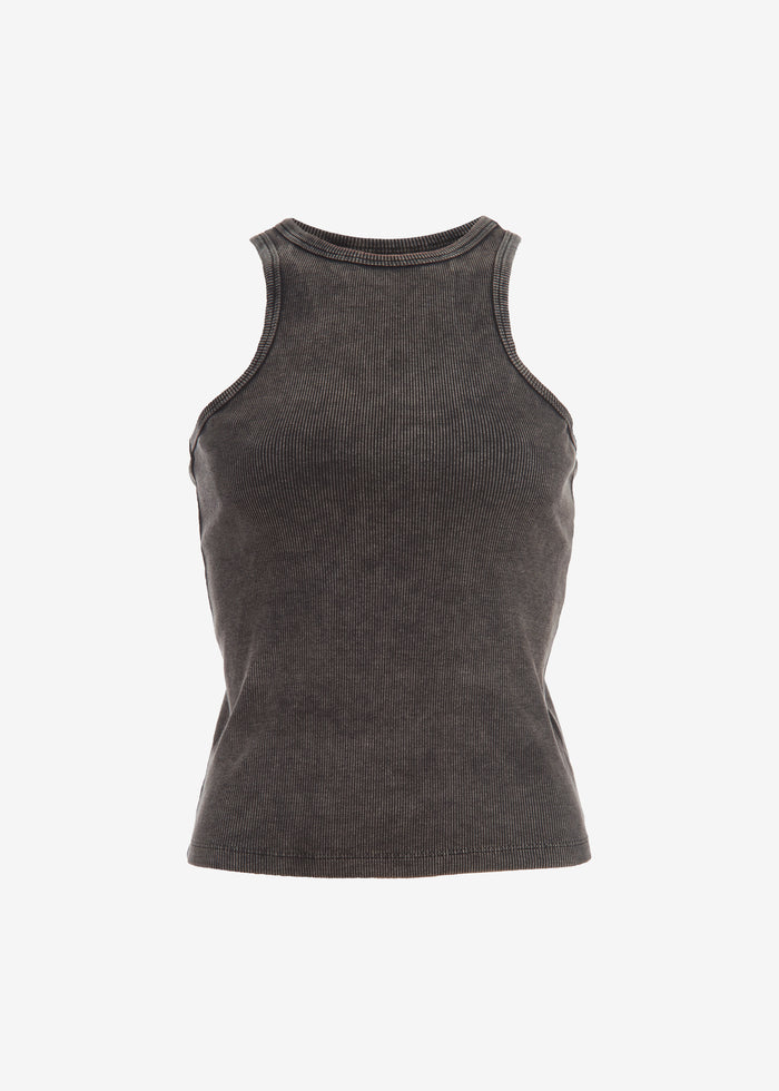 Charcoal gray ribbed Olivia Tank close up on the torso against a light background