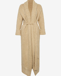 Reed Boucle Cardigan robe in beige textured knit with belt tied at waist