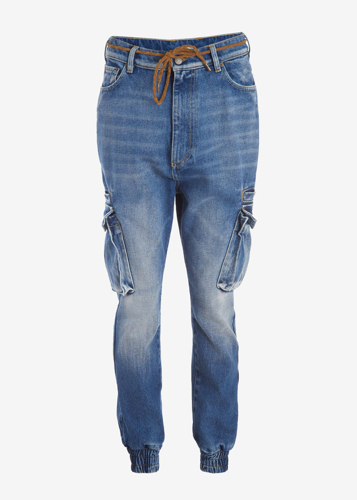 Front view of Veronica Jogger in blue denim with a drawstring waist and cargo pockets.